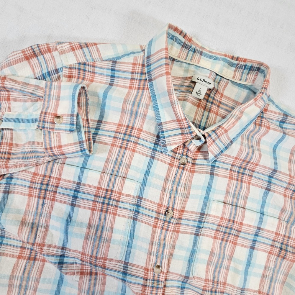 LL Bean‎ Mens Large Plaid Button-Up Shirt White Orange Blue Long Sleeve